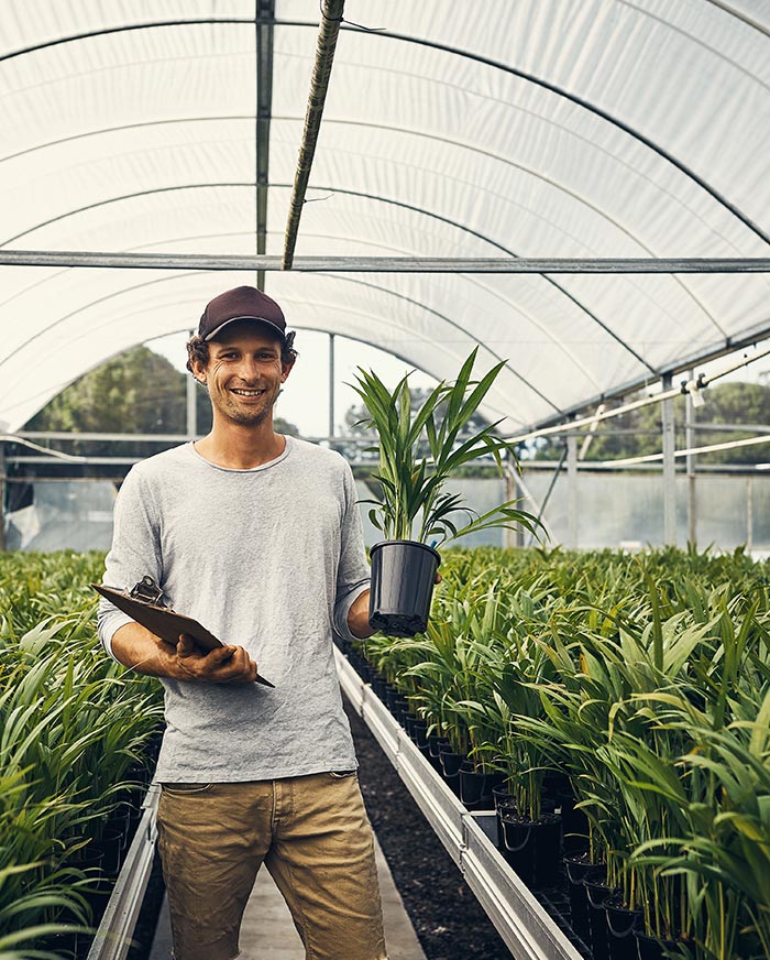 man holding plant in greenhouse