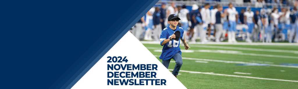 WFCU Winner Kick-Off Kid on Lions field for the 2024 November-December Newsletter Cover