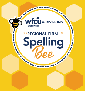 Promotional graphic on a yellow background with honeycomb shapes. A circular emblem in the centre reads “wfcu credit union & divisions” and “Regional Final Spelling Bee,” with small bee icons.