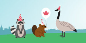 Illustrated scene of three cartoon animals wearing party hats: a raccoon, a beaver holding a balloon with a red maple leaf, and a goose. The animals stand on green ground against a light blue background with a faint city skyline.
