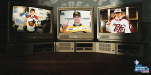 Three vintage television screens displaying different hockey players wearing team jerseys, arranged side by side on a dark background. A ‘Priority Selection’ hockey draft logo appears in the bottom right corner.