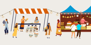 Illustrated outdoor market scene with people browsing vendor stalls selling plants and produce. String lights hang above the stalls, and shoppers carry bags while interacting with vendors.