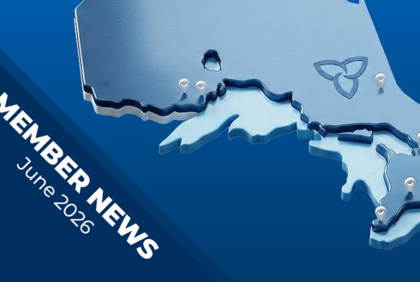 Graphic showing a stylized map of southwestern Ontario on a blue background with location markers. Text reads: ‘Member News June 2026.’