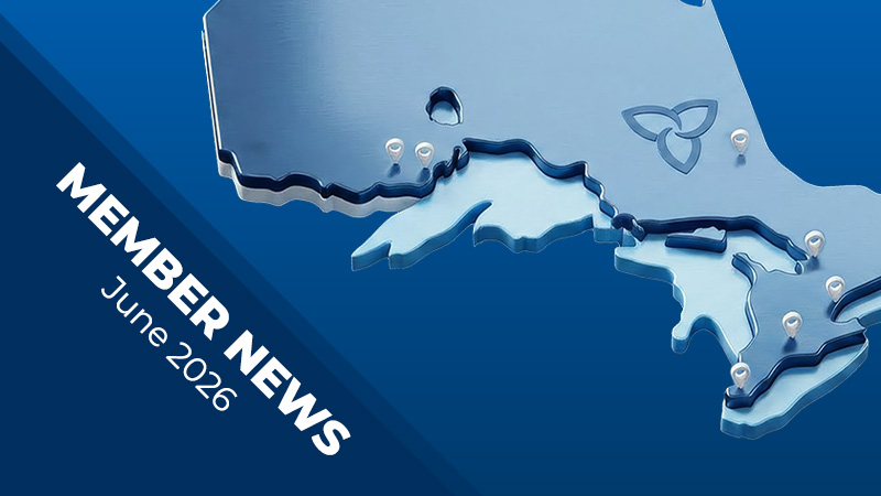 Graphic showing a stylized map of southwestern Ontario on a blue background with location markers. Text reads: ‘Member News June 2026.’