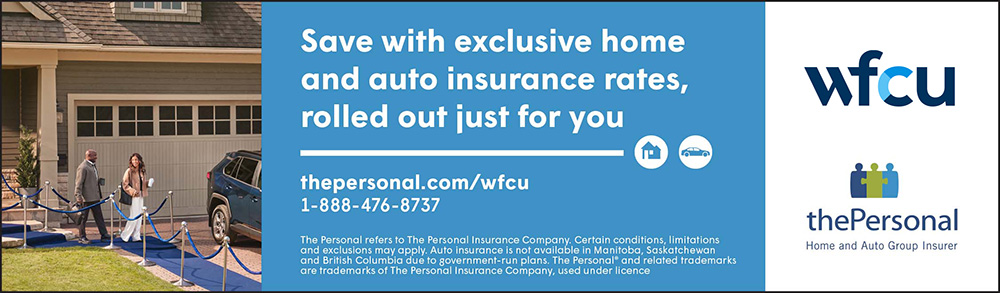 Promotional banner advertising exclusive home and auto insurance rates for WFCU members. Text reads: ‘Save with exclusive home and auto insurance rates, rolled out just for you.’ Website: thepersonal.com/wfcu. Phone number: 1‑888‑476‑8737. The WFCU logo and The Personal Home and Auto Group Insurer logo appear on the right.