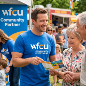 WFCU staff member wearing a blue “Community Investment” shirt speaks with community members at an outdoor event, holding an informational brochure, with a WFCU Community Partner banner and festival booths visible in the background.