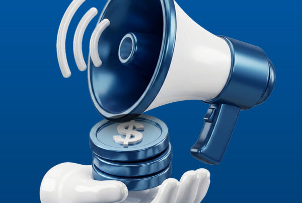 Illustration of a megaphone and money coins symbolizing investment advertisements and online financial promotions that may be used in fraud or scam schemes.