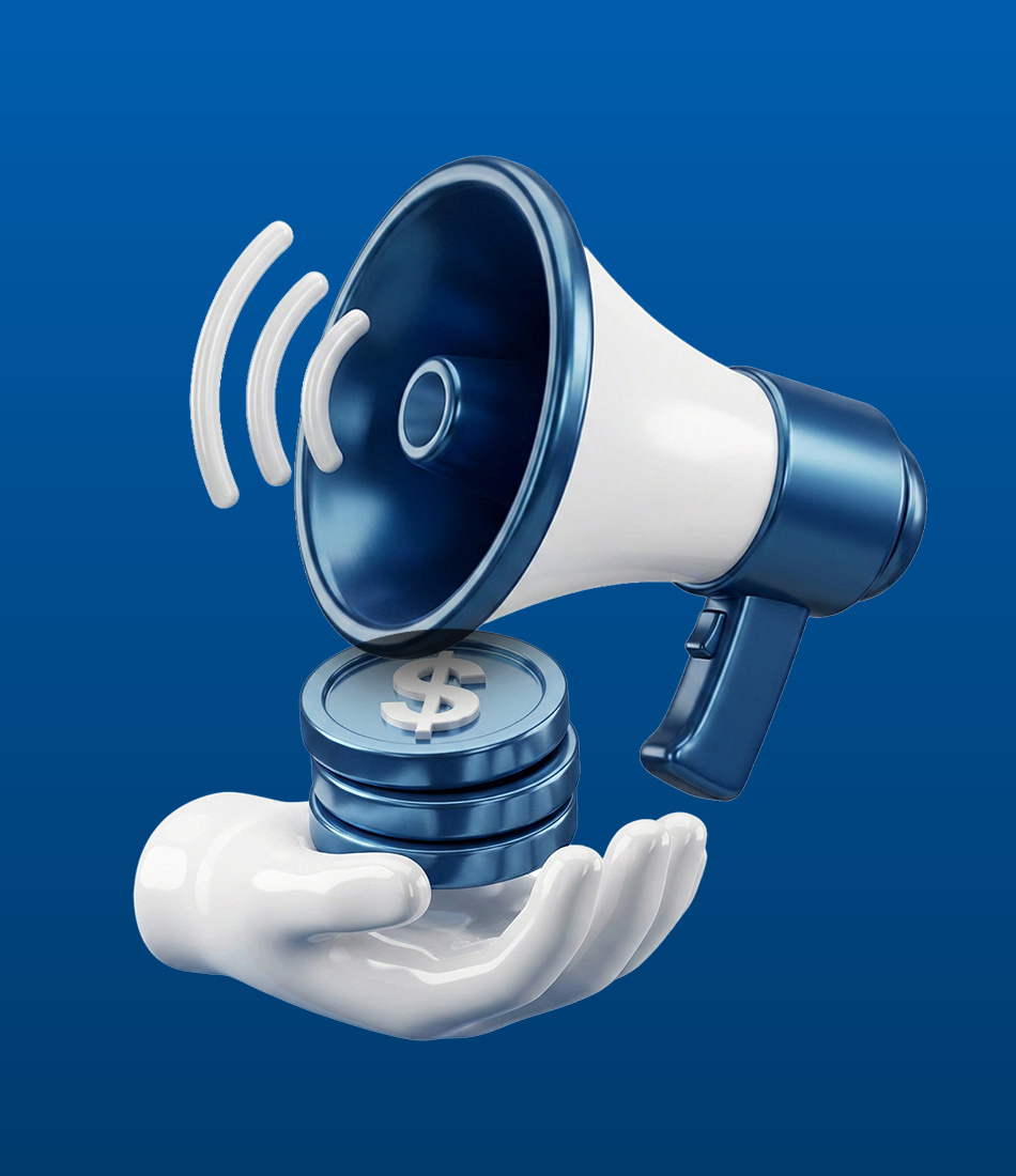 Illustration of a megaphone and money coins symbolizing investment advertisements and online financial promotions that may be used in fraud or scam schemes.