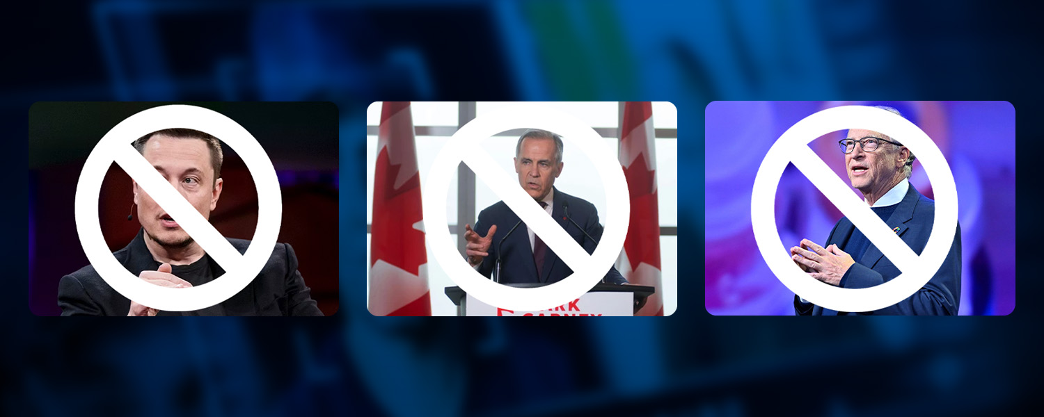 Four photographs of public-facing individuals displayed side by side, each overlaid with a prohibition symbol, illustrating a restriction or exclusion related to public figures, endorsements, or eligibility.