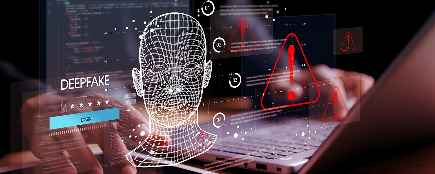 Illustration of a laptop displaying cybersecurity graphics, including a wireframe facial model labelled 'DEEPFAKE,' warning symbols, computer code, and a login screen. The image represents the detection of manipulated digital content and online security risks.