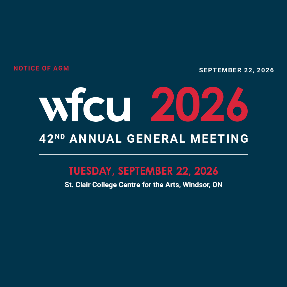 Windsor Family Credit Union (WFCU) notice of annual general meeting. The 42nd Annual General Meeting will be held on Tuesday, September 22, 2026, at the St. Clair College Centre for the Arts in Windsor, Ontario. The cover displays the WFCU logo and the year 2026.