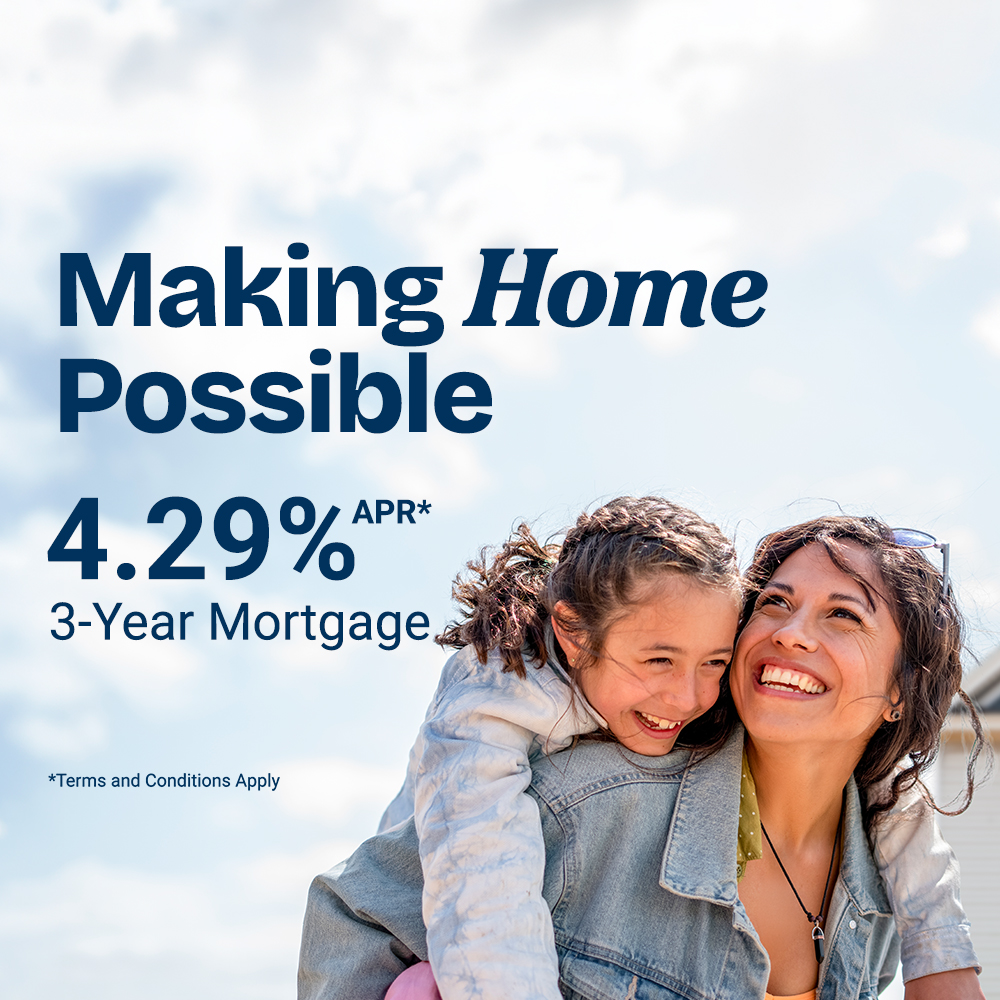Promotional mortgage advertisement featuring a person carrying a child outdoors against a light blue sky background. Text on the poster reads: “Making Home Possible,” “4.29% APR*,” “3-Year Mortgage,” and “*Terms and Conditions Apply.” The mortgage rate and term are displayed prominently on the left side, with the photograph positioned on the lower right.